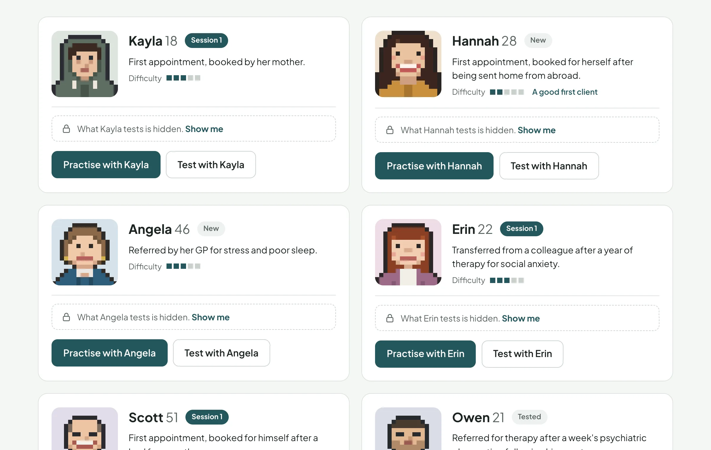 The clients to choose from, each with a pixel portrait and a difficulty rating